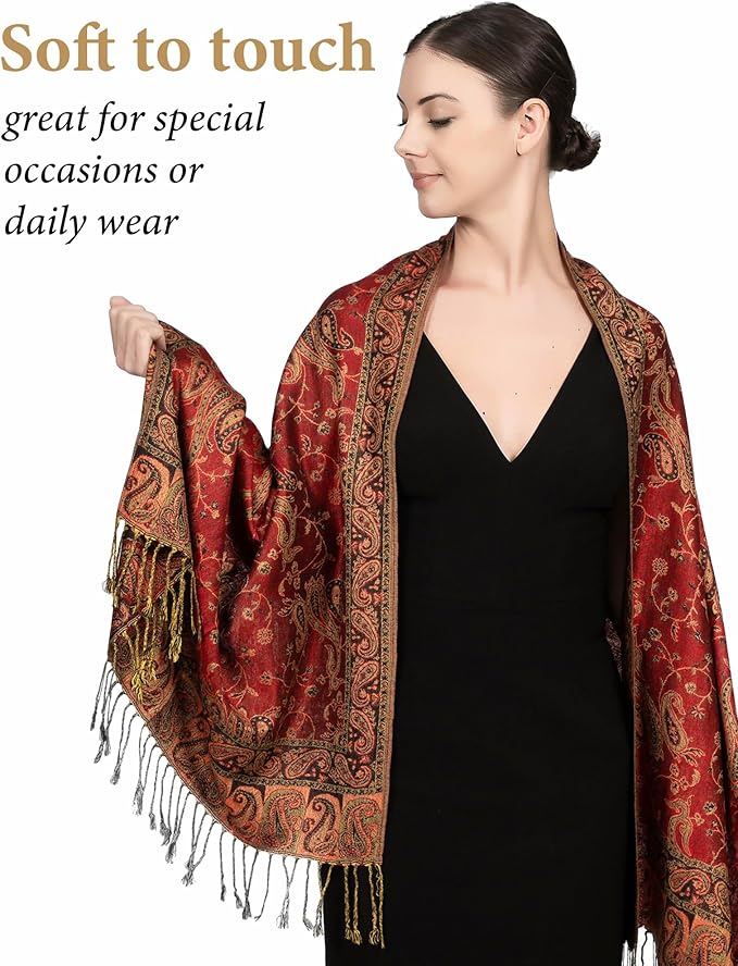 Achillea Reversible Paisley Pashmina Rave Scarf – Exotic Indian Shawls and Wraps for Evening Dresses, Festivals, All Seasons