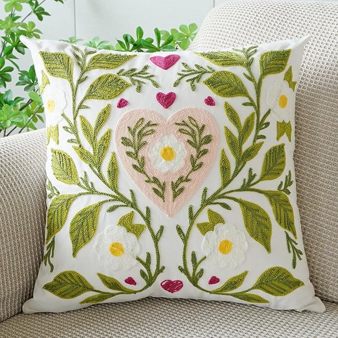 vctops Heart Flower Embroidered Decorative Throw Pillow Cover Spring Summer Floral Square Pillow Cases Cute Cotton Cushion Cover for Couch Sofa Bed (Flower E,18"x18")