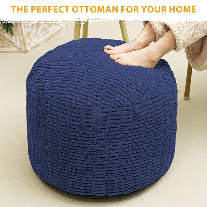Round Stuffed Pouf Ottoman for Foot Rest, Storage Ottoman Pouf Foot Stool Cushion, Faux Fur Poufs with Foam Chunk Filling, 26 X 18 Inch Floor Chair for Living Room Bedroom Home Decor, Navy Blue