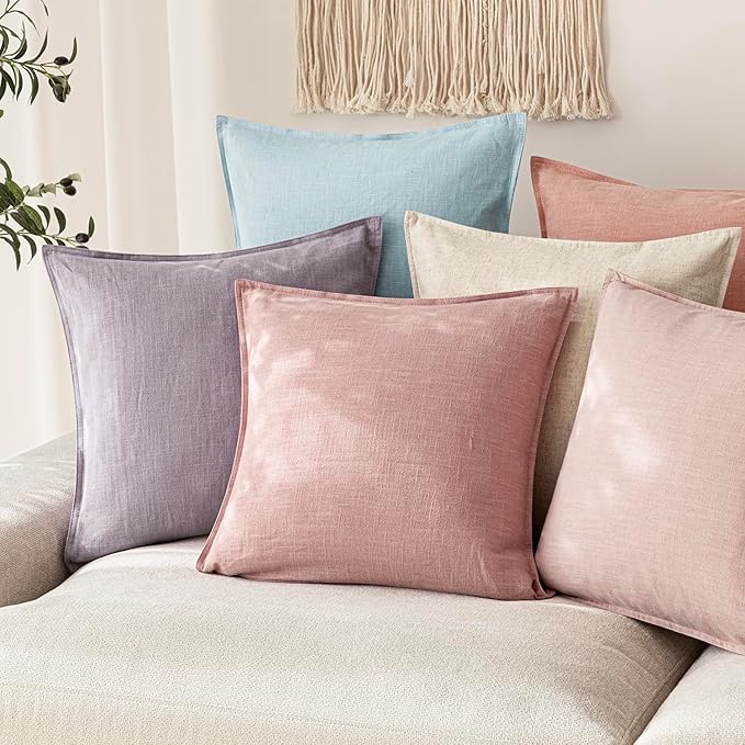 Foindtower Pack of 2, Decorative Linen Soild Throw Pillow Covers Soft Accent Euro Cushion Case Boho Farmhouse Pillowcase for Chair Couch Sofa Bedroom Living Room Home Decor 20 x 20 Inch Rose Pink