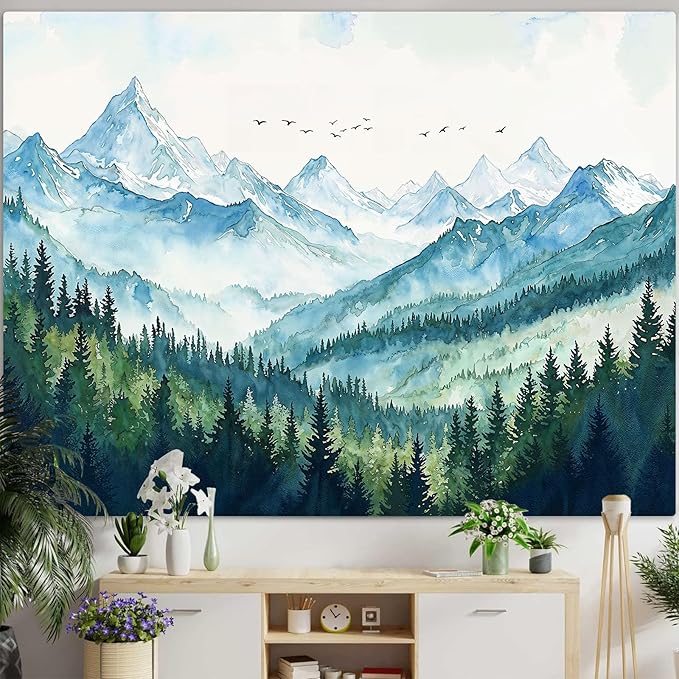 Accnicc Nature Forest Mountain Tapestry Green Misty Pine Tree Wall Tapestry for Bedroom Aesthetic Watercolor Woods Landscape Small Tapestries Wall Hanging for Living Room Dorm Decor 48 x 36 Inch