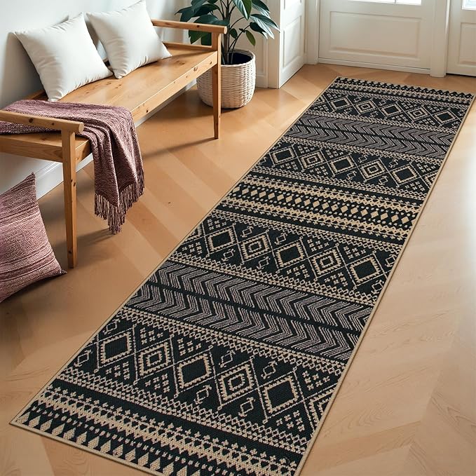 Lahome Easy Jute Boho Runner Rugs for Kitchen, 2x8 Washable Runner Non Slip Stain Resistant, Black Geometric Print Distressed Indoor Outdoor Rug for Laundry Room Hallway Decor