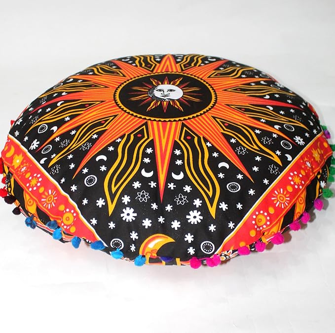 CRAFT KALA Boho Large Floor Pillow Pouf Cover Mandala Meditation Room Pillow Cover for Adults Round Bohemian Seating Pouf Cushion Cover for Kids Playroom 22" Orange Burning Sun