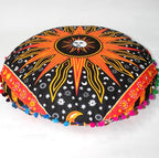 CRAFT KALA Boho Large Floor Pillow Pouf Cover Mandala Meditation Room Pillow Cover for Adults Round Bohemian Seating Pouf Cushion Cover for Kids Playroom 22" Orange Burning Sun