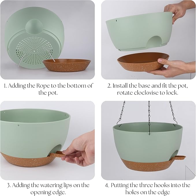 Hanging Plant Pots 12 inch Set of 2, Self Watering Hanging Planters with Drainage Holes, Indoor Outdoor Plastic Flower Pots with Hanging Chains for Balcony, Porch, Garden, Home Décor, Green