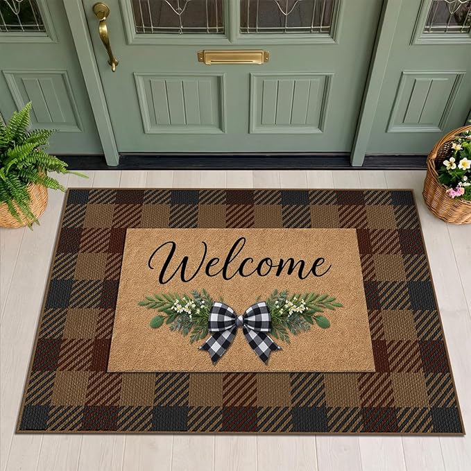 JTJ Brown and Red Front Door Rug Indoor Outdoor Entrance - 2'3" x 3'7" (27.5" x 43") Easy Jute Rugs Outdoor for Patio, Balcony, Kitchen, Mudroom, Washable Earthy Vintage Front Door Decor