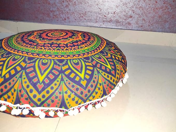 ICC New Blue Ombre 24" Mandala Barmeri Large Floor Pillow Cover Cushion Meditation Seating Ottoman Throw Cover Hippie Decorative Zipped Bohemian Pouf Ottoman Pom Pom Cases 24" Round