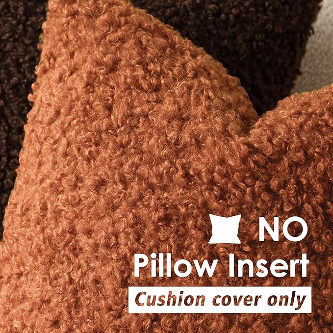 Foindtower Set of 2 Curly Teddy Wool Pillow Covers Decorative Boucle Textured Lumbar Throw Pillow Faux Fur Sherpa Pillowcases Sheepskin Fuzzy Cushion Case for Sofa Bedroom Car 12"x20" Burnt Orange