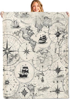 Vintage Nautical World Map Throw Blanket - 50x60in,Ultra Soft, Cozy Lightweight Flannel,Sailing Ship Retro Blankets - Gifts for Women & Adventure Lovers,for Couch Home Living Room Decor
