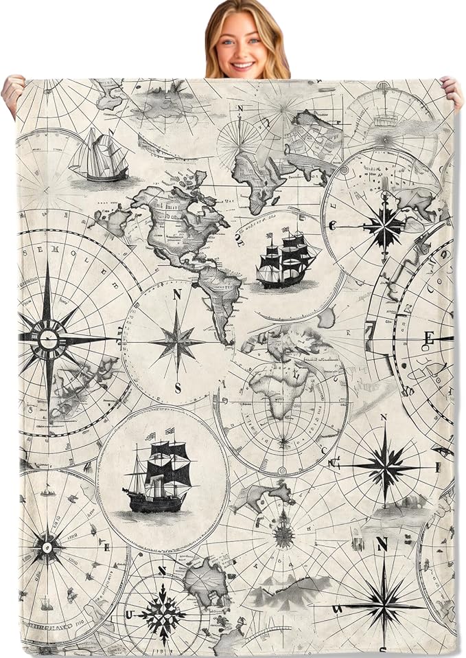 Vintage Nautical World Map Throw Blanket - 40x50in,Ultra Soft, Cozy Lightweight Flannel,Sailing Ship Retro Blankets - Gifts for Women & Adventure Lovers,for Couch Home Living Room Decor