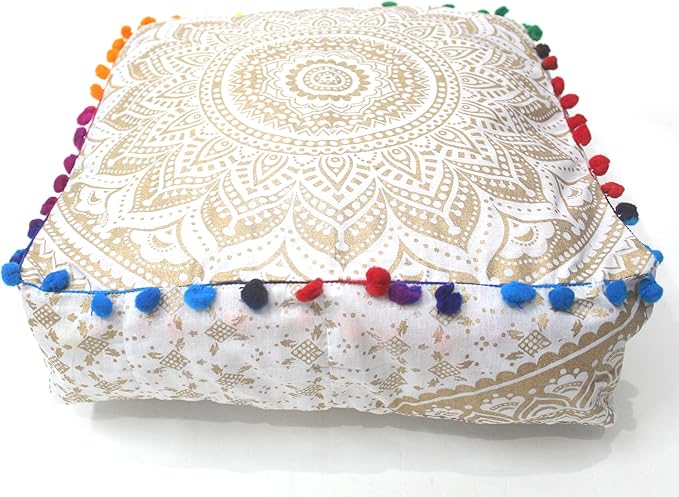 CRAFT KALA 16" Square Large Hippie Mandala Meditation Floor Ottoman Pillow Cushion Pouf Cover Square Poufs Bohemian Circle Floor Cushion Case Outdoor Fireplace Living Room Decor Cover Golden Ombre