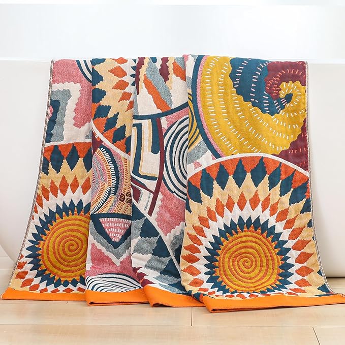 King Throw Blanket for Bed 100% Cotton Boho Oversized Soft Cozy Muslin Quilt Blanket Double Embroider Sun, Vintage Farmhouse Cottage Woven All Season Blankets for Bedding Couch,90"×98"