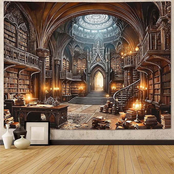 Accnicc Gothic Library Tapestry Medieval Bookshelf Tapestries Wall Hanging Goth Vintage Dark Academia Hall Book Library Backdrop Large Tapestry for Bedroom Living Room Dorm Classroom 80 x 60 inch