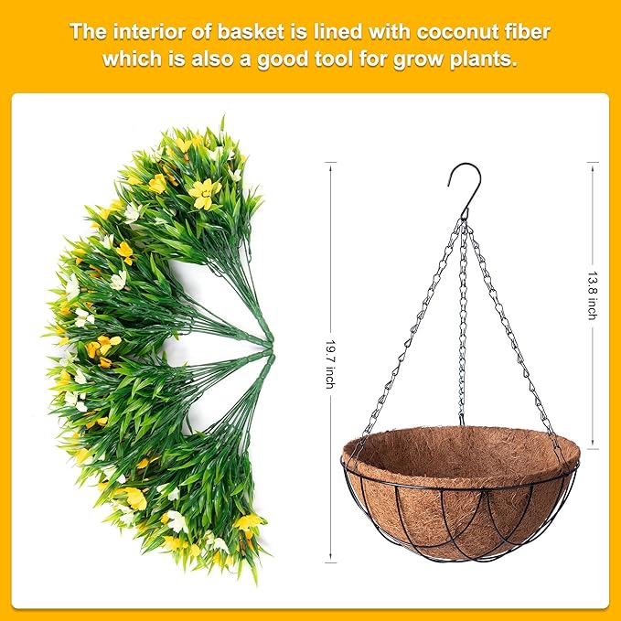 Artificial Hanging Flowers with 12" Basket for Outdoor Decor, Faux Silk Daisy Flower UV Resistant Plants Arrangements Decoration for Indoor Porch Garden Yard(Yellow)