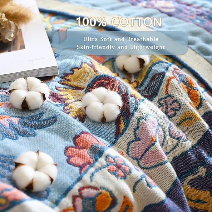 Boho Blanket Soft Muslin BohoThrow Blanket, 100% Cotton Floral Printed Farmhouse Decor All Season Reversible Rustic Throw for Sofa Couch Chair (Light Purple, 90"x98")