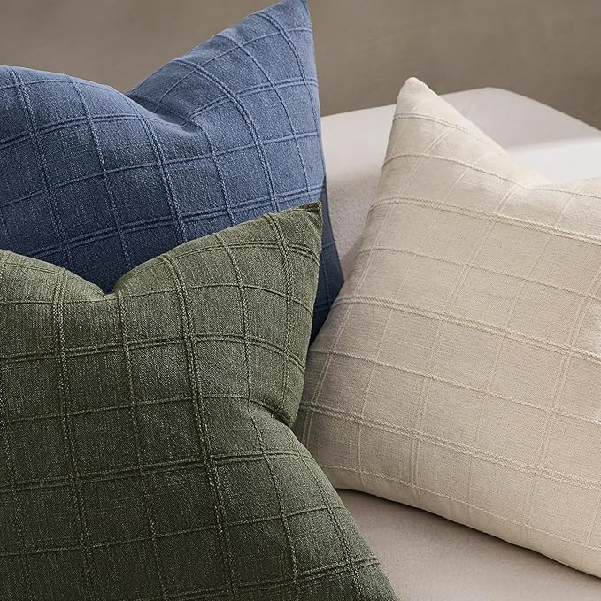 Woaboy Linen Check Throw Pillow Covers Set of 2 - Olive Green Farmhouse Modern Boho Vintage Decorative Cushion Covers Spring Home Decor for Sofa Couch Bedroom Living Room 18x18 Inch