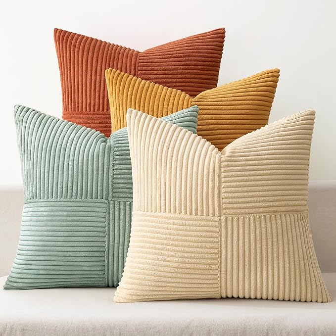 MIULEE Teal-Orange Decorative Throw Pillow Covers 22x22 Inch Set of 4 Boho Corduroy Striped Cushion Cases Modern Farmhouse Patchwork Pillow Cases for Couch Sofa Bedroom Home Decor