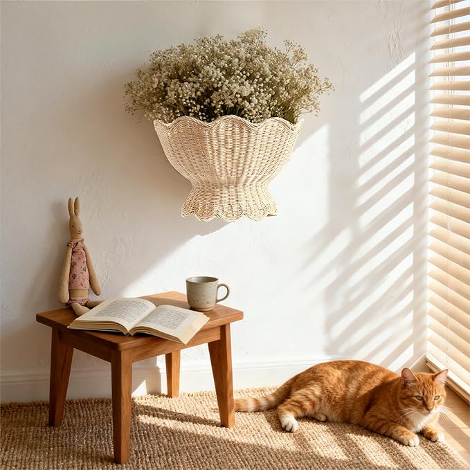 Scalloped Wicker Wall Basket,Scallop Hanging Rattan Basket for Organizing, Woven Plant Wall Decor Art, Wall Mounted Basket, Hanging Storage Basket for Front Door and Home (Natural)