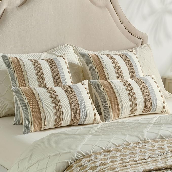 FUTEI Khaki Decorative Throw Pillow Covers 18x18 Inch Set of 2, Soft Tufted Striped Textured Accent Cushion Case,Boho Pillows for Couch Decor
