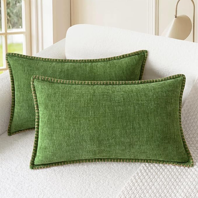 CaliTime Throw Pillow Covers Decorative 12 X 20 Inches Pack of 2 Cotton Thread Stitching Edges Solid Dyed Soft Chenille Cushion Cases for Couch Sofa Bed Living Room Farmhouse Forest Green