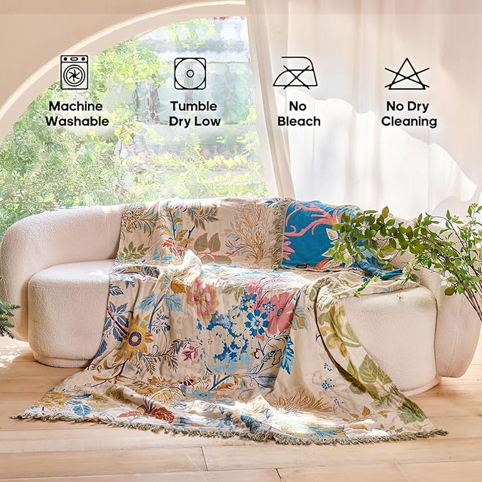 Boho Throw Blanket 60"x80" Floral Twin Bed Blanket with Sunflowers,100% Cotton Soft Breathable Lightweight Spring Decorative Tassel Reversible Blankets for Couch Sofa Decor All Season