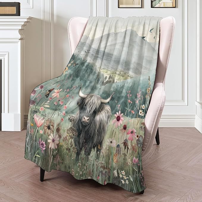 Highland Cow Flannel Blanket 50x60in,Watercolor Floral Cow in Meadow with Mountain Landscape,Soft Lightweight Throw for Cow Lovers,Women,Farmhouse,Rustic Home Decor Gifts Blankets