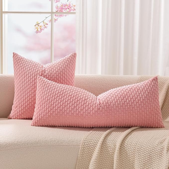 Kevin Textile Valentines 14x36 Inch Long Lumbar 1 Pack Boho Decorative Throw Pillow Cover Soft Striped Corduroy Rectangle Cushion Case Farmhouse Accent for Living Room Couch Sofa Bed, Dark Pink