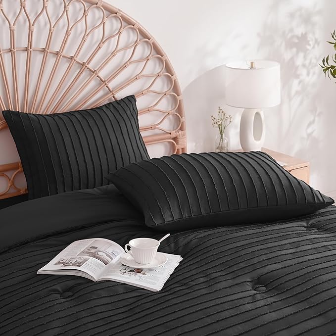 JELLYMONI Pillowcases Standard Size Black 2 Pack Boho Striped Bed Pillow Covers 20x26in Polyester Envelope Pillow Shams Tufted Bohemian Textured (Pillows are not Included)