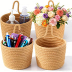4 Pcs Jute Wall Hanging Baskets, Cotton Woven Storage Organizer for Flower Plants Towels Keys, Boho Farmhouse Decor, 4.9x6.4x7.4 Inches
