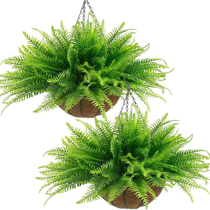 lovemoon Fake Ferns Plant Baskets,2PCS Artificial Hanging Plants,2 Hanging Planters with 24 Pcs Leaves for Indoor Outside Decorations for Front Porch Garden Balcony Patio Home Decor (2, Light Green)