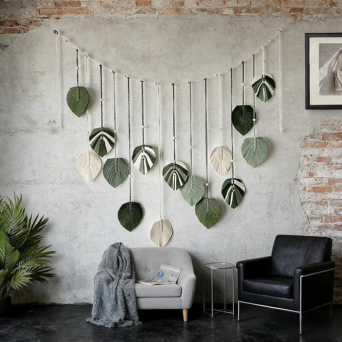 M MANUAL Macrame Leaves Wall Hanging 47.3x29.5Inch Large Chic Feather Boho Macrame Wall Decor Leaf Hanging Photo Display Handmade Woven Wall Art 16pcs Leaf Tapestry - Green