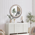 30" Wooden Round Mirrors for Wall Decor, Farmhouse Rustic Circle Decorative Mirror with White Wash Beads for Bathroom Over Sink, Bedroom, Living Room, Entryway