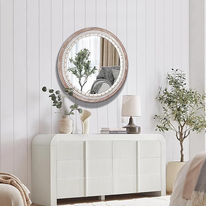 30" Wooden Round Mirrors for Wall Decor, Farmhouse Rustic Circle Decorative Mirror with White Wash Beads for Bathroom Over Sink, Bedroom, Living Room, Entryway