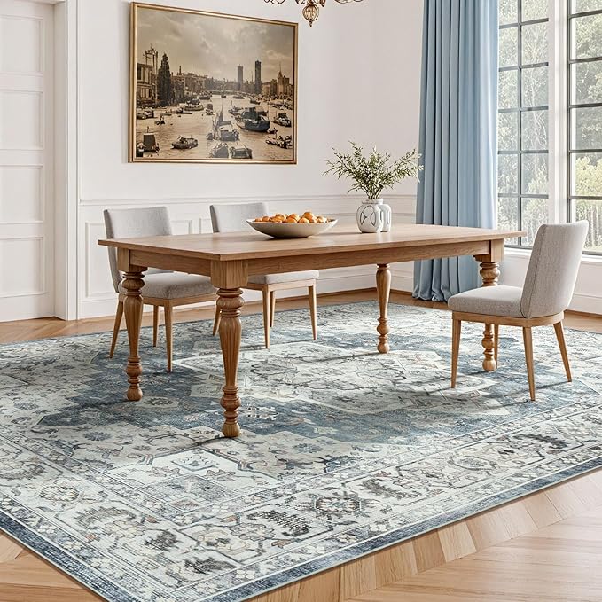 Lessymo Large Area Rugs for Living Room, Soft 6x9 Washable Rug for Bedroom Dining Room Nursery Room Farmhouse, Boho Non Slip Low Plie Carpet Vintage Floral Design, Blue Grey/Beige