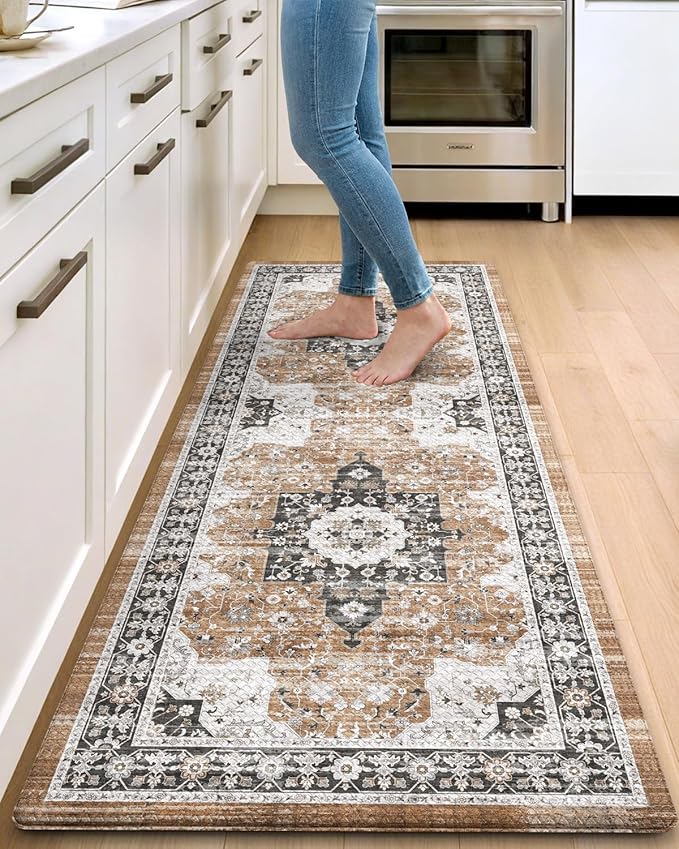 DEXI Kitchen Floor Mats Cushioned Anti Fatigue, 23x59 Rubber Wide Standing Comfort Runner Rug, Waterproof Retro Floral Memory Foam Padded for Front Sink Laundry, Black/Brown