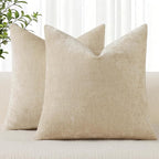 decorUhome Chenille Beige Spring Throw Pillow Covers 20x20 Inch Set of 2, Decorative Soft Couch Pillow Covers Solid Dyed Accent Farmhouse Neutral Square Pillow Cases for Sofa