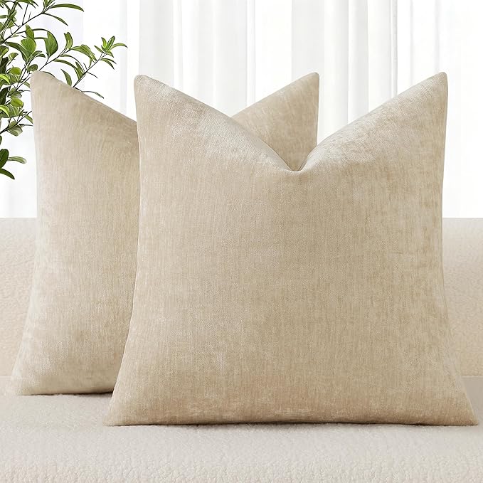 decorUhome Chenille Beige Spring Euro Sham Throw Pillow Covers 22x22 Inch Set of 2, Decorative Soft Couch Pillow Covers Solid Dyed Accent Farmhouse Neutral Square Pillow Cases for Sofa
