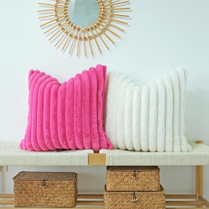 JOJUSIS Pack of 2 Faux Fur Plush Decorative Throw Pillow Covers Couch Cushion Case Soft Pillowcases (Hot Pink, 24 x 24-Inch)