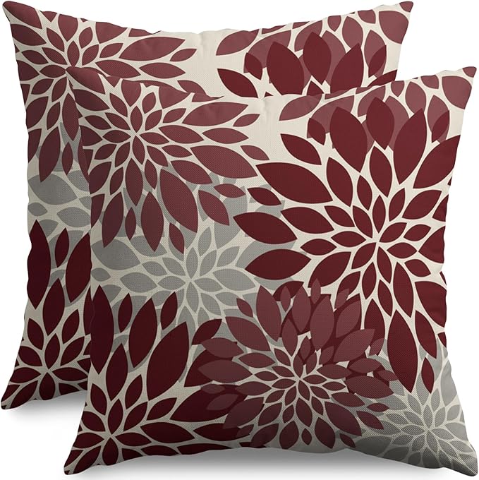 Burgundy Grey Gray Pillow Covers 16X16 Inch Set of 2, Dahlia Flower Spring Summer Floral Cream Decorative Throw Pillow Covers Outdoor Modern Farmhouse Cushion Case for Home Couch Sofa Bed Decor