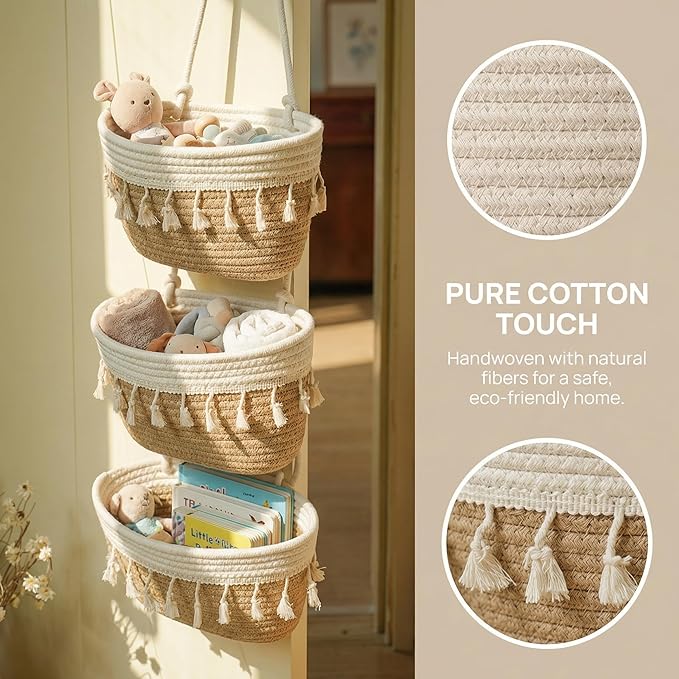 Hanging Baskets for Organizing,3-Tier Woven Cotton Wall-Mounted Storage Organizer Bag Decorative,Kitchen,Living Room,Bedroom,Nursery