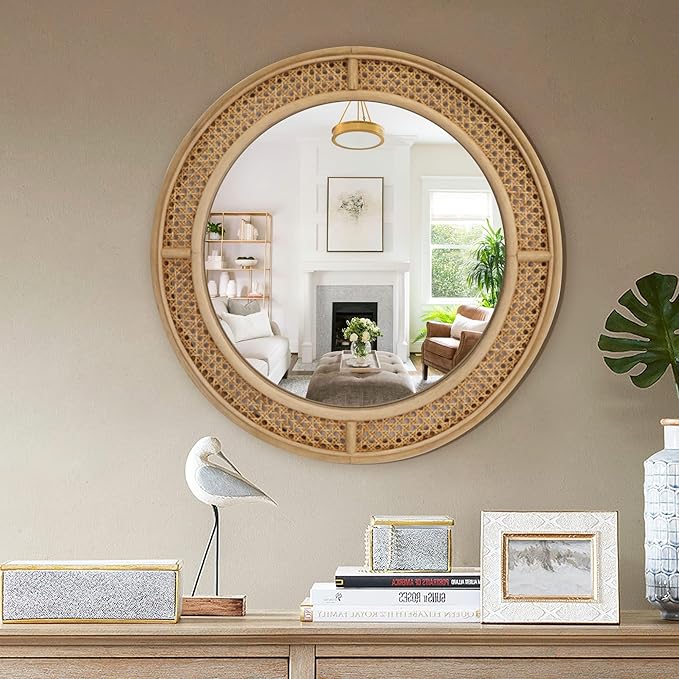 FLORA Round Rattan Wall Mirror with Wooden Framed, Modern Boho Decorative Mirror for Bathroom, Entry, Living Room, Bedroom, 24 Inch