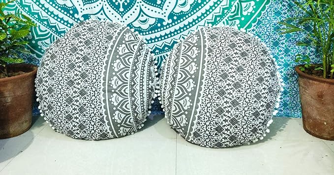 CRAFT KALA Mandala Floor Pillow Cushion Cover Seating Throw Cover Hippie Decorative Bohemian Ottoman Poufs Pom Pom Pillow Cases Boho Indian Cotton Living Room Home Décor 24" Round Set Of 2, Grey Ombre