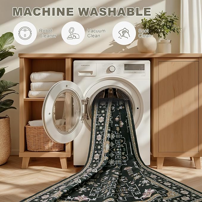 Area Rugs 9x12 Living Room Rug: Washable Rug Soft Vintage Boho Medallion Carpet Indoor Floor Non-Slip Stain Resistant Large Carpets for Bedroom Dining Room Farmhouse Nursery Home Office Black