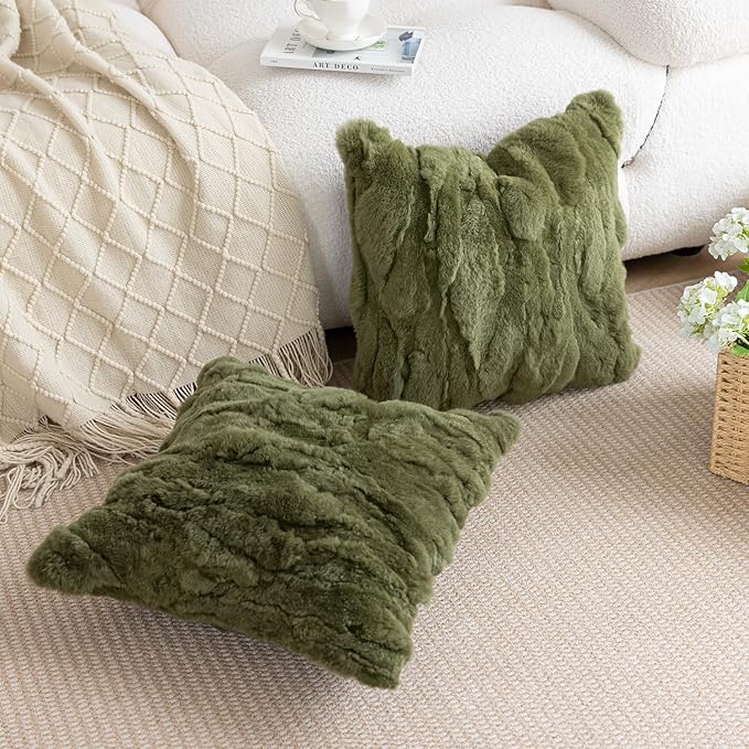 MOOX Rabbit Fur Throw Pillow Covers Decorative Fluffy Soft Fuzzy Plush Luxury Genuine Animal Skin Lumbar Pillow 18"x18" Cushion Cover, Dark Green