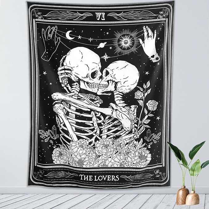 KJHL The Lovers Skull Wall Tapestry Black and White Skeleton Tapestry Gothic Room Decor Witchy Tapestries Aesthetic Wall Hanging for Bedroom Living Room 60" x 44"