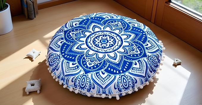 CRAFT KALA 22" Mandala Meditation Floor Pillows Cover Pouf Cover Round Seating Bohemian Mandala Cotton Floor Cushion Cover Outdoor Fireplace Seating Living Room Yoga Room Home Décor (Blue Flower)