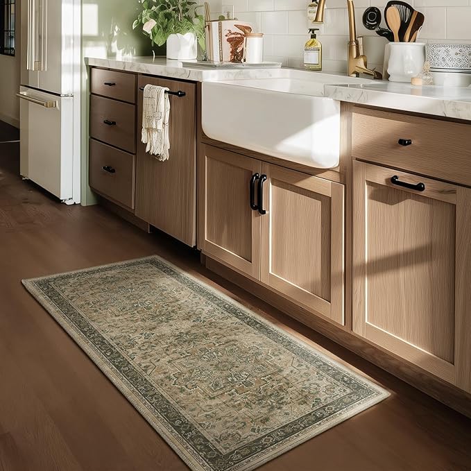 2x4 Entryway Small Rug, Retro Distressed Medallion Door Mat Indoor Entrance Entry Way, Washable Non Slip Low Pile Thin Runner Rug for Kitchen Floor Sink Area Bathroom, Multi Brown/Olive