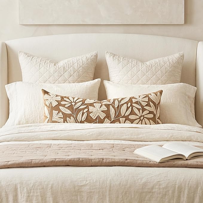 BlissBlush 14x36 Lumbar Pillow Cover for Bed, Brown Rectangular Long Throw Pillowcase, Embroidered Velvet Floral Tufted Farmhouse Accent Cushion (Cover Only)