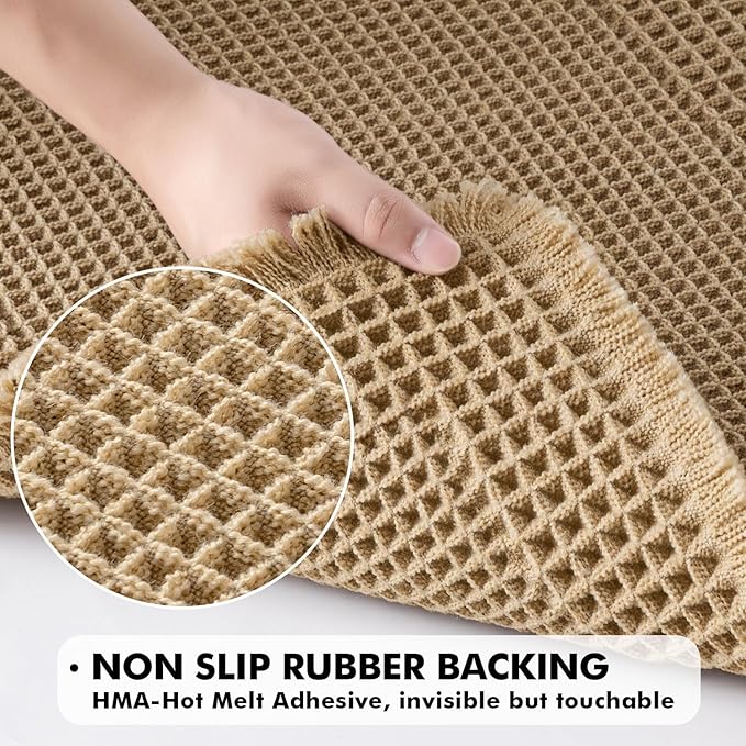 MIULEE Set of 2 Waffle Bathroom Rugs, Boho Bath Rug Super Absorbent, Non Slip Washable Ultra Soft Rubber Backed Shower Bath Mats for Floor, Tub, Shower, Bordered Design, Brown, 18x30 Inch