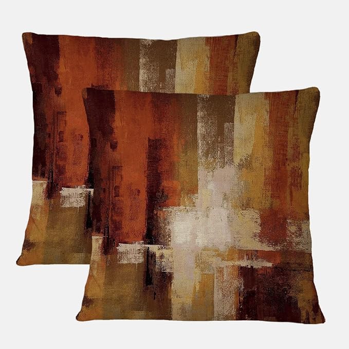Qahing Burnt Orange Abstract Pillow Covers 18x18 Abstract Rust Art Painting Decorative Throw Pillowcase Modern Artwork Square Couch Cushion Cover for Living Room Sofa Accent Home Decor, Set of 2